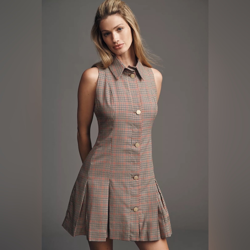 Anthropology Maeve Sleeveless Plaid Button-Front Mini Dress - Brown Multi Sz S